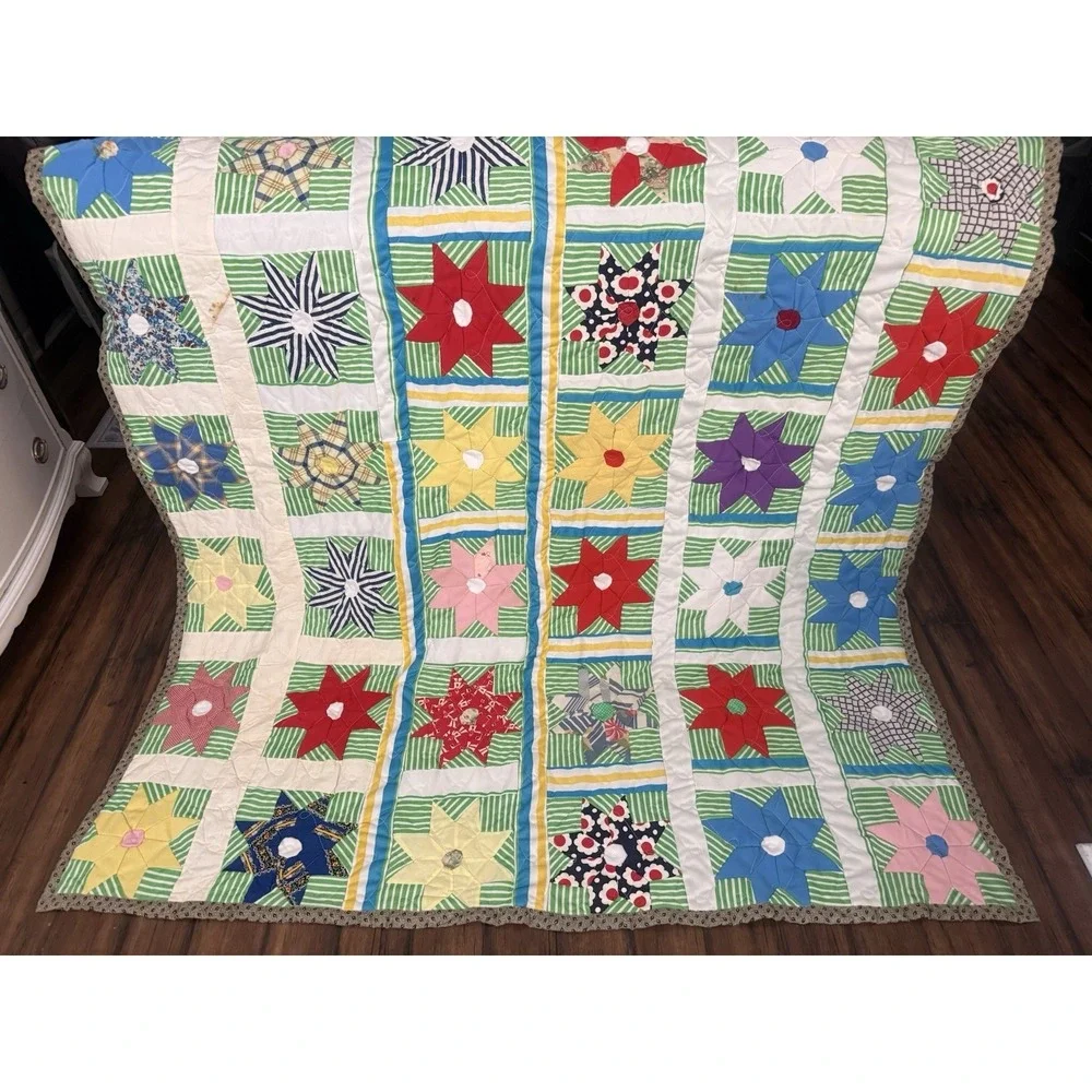 VTG Handmade Patchwork Quilt Floral‎ Star Striped Pattern Boho Farmhouse 70x78